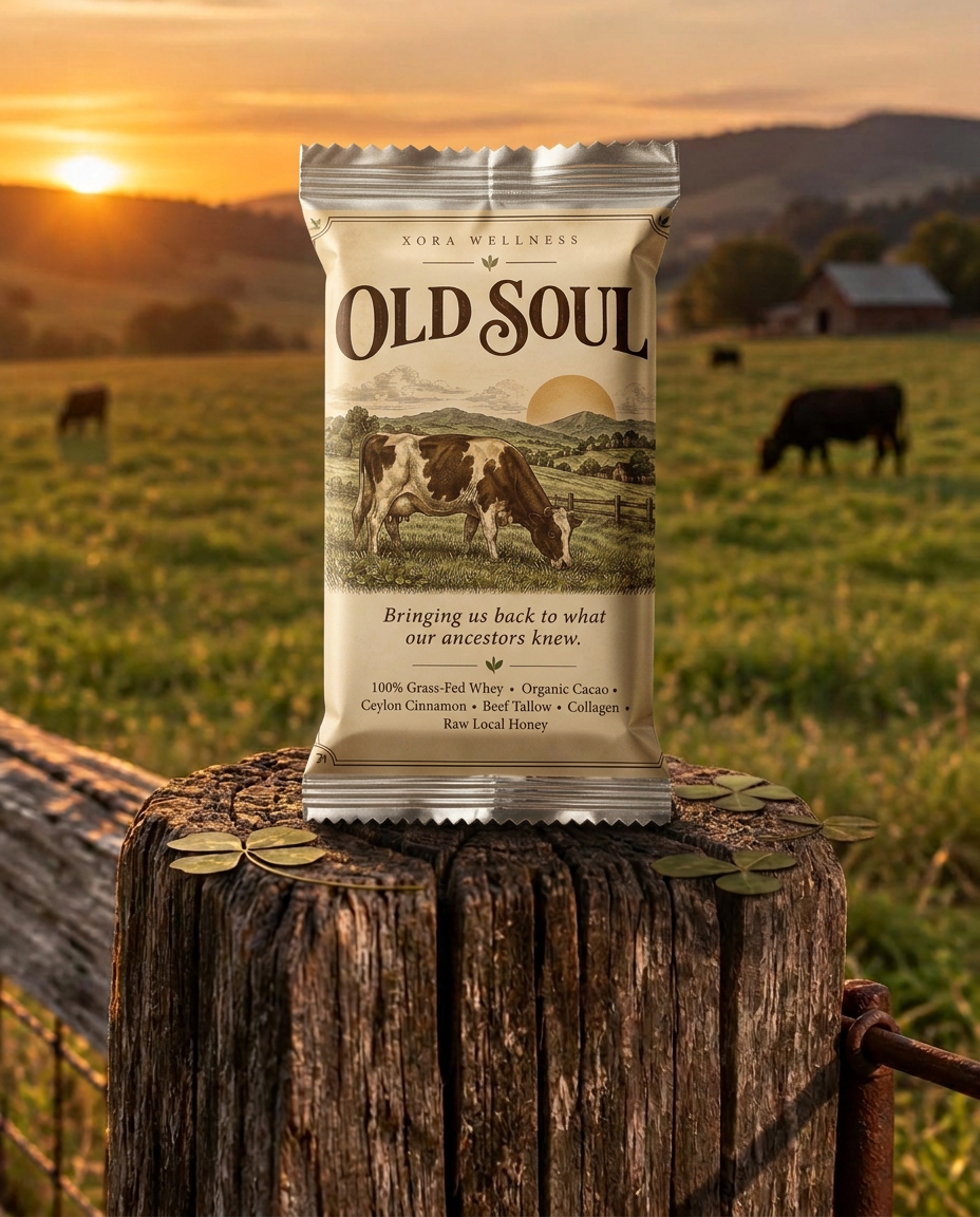 Old Soul protein bar resting on a weathered fence post at a sunlit ranch