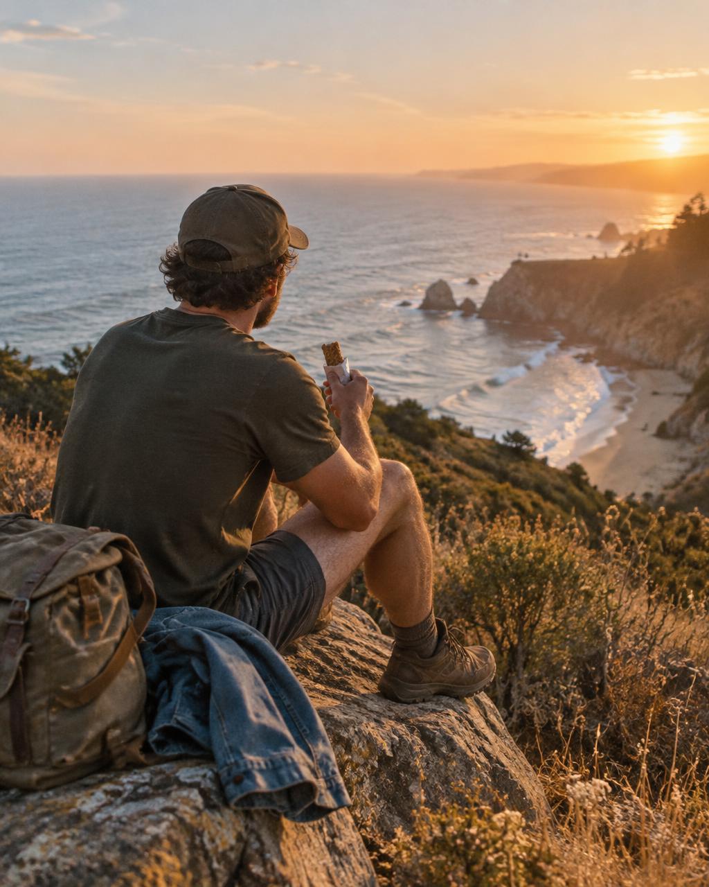 Hiker enjoying an Old Soul bar above the California coast