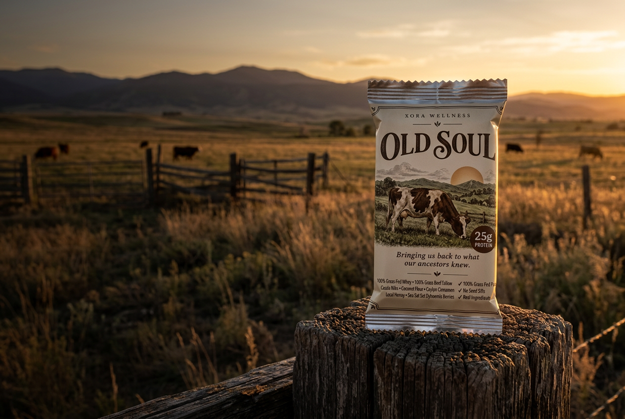 Old Soul protein bar on a weathered fence post at a cattle ranch during sunset