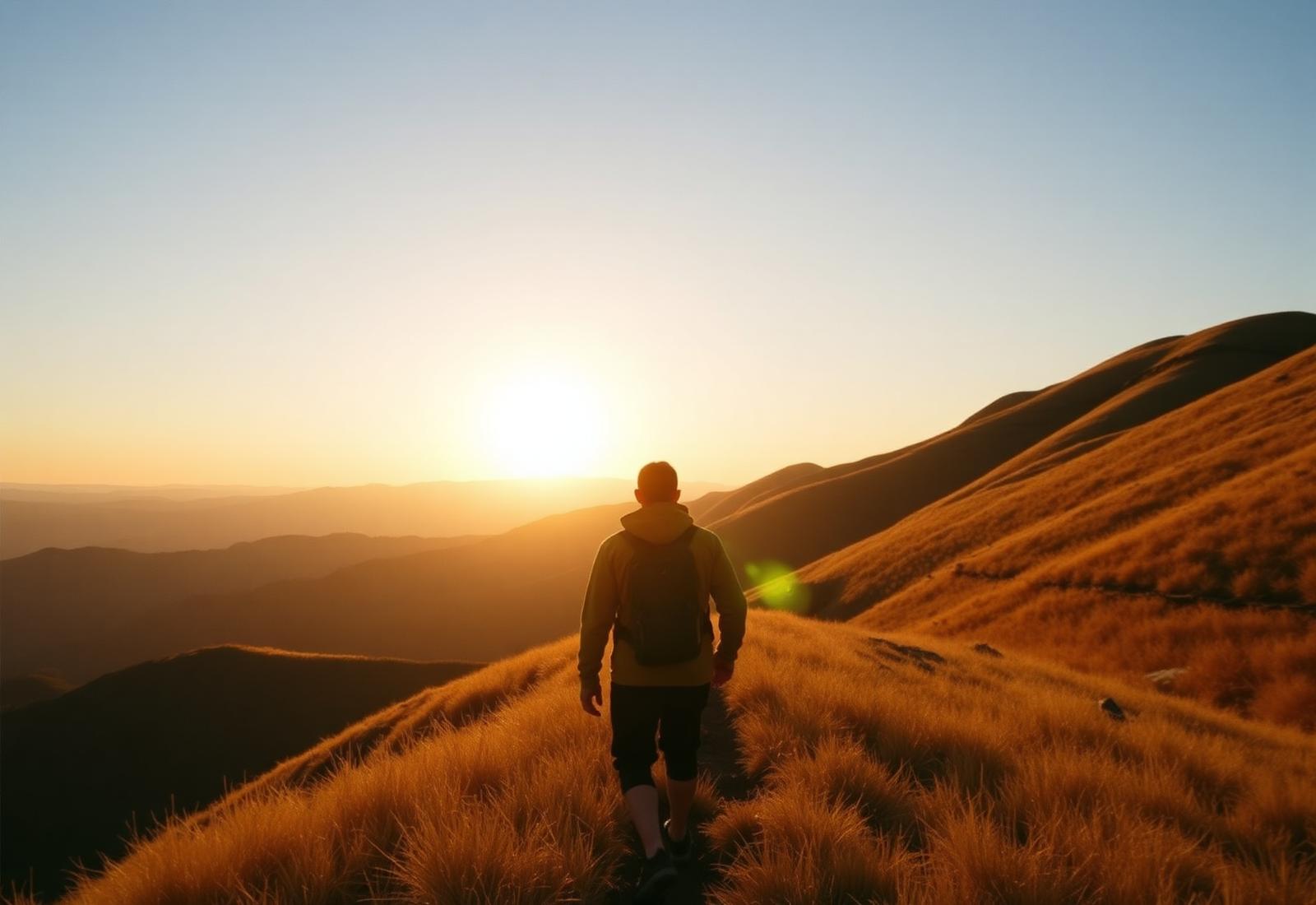 A person walking a golden ridge toward the sunrise
